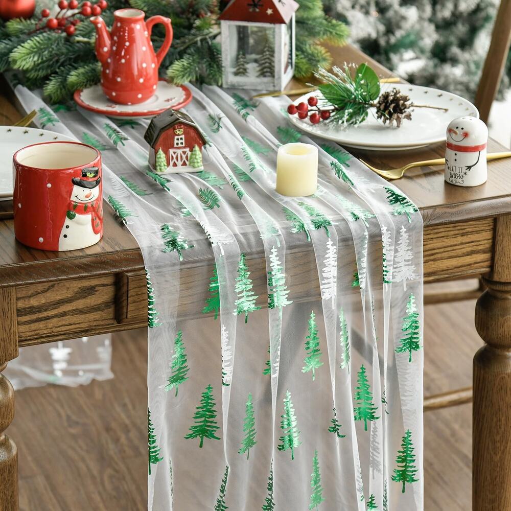 Christmas Tree Sheer Table Runner Holiday Winter Dining Table Party Decor
